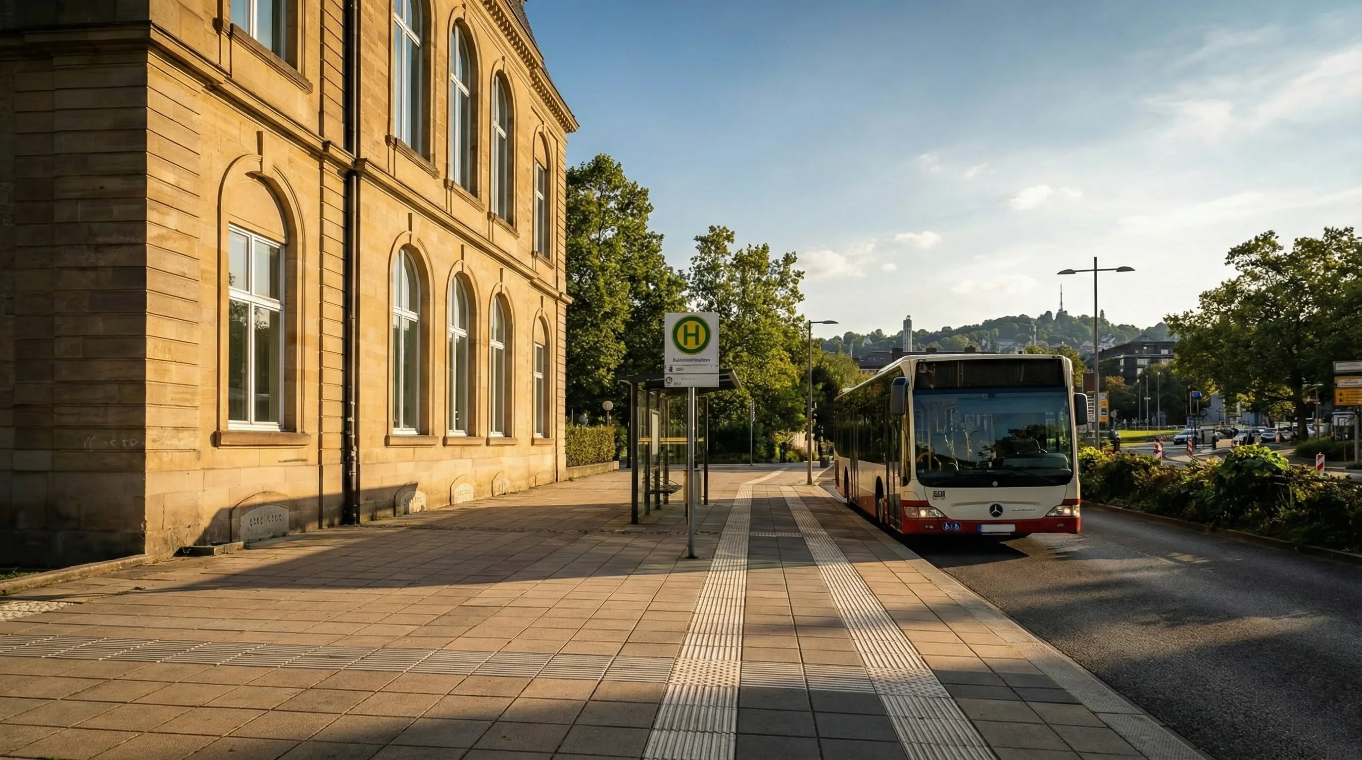 A bus is parked at a stop beside a historic building, under a clear sky. Trees and cityscape are visible in the background.