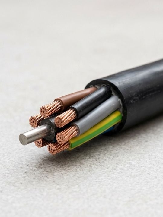 Close-up of a cut electrical cable with multiple insulated copper wires in black, gray, yellow, green, and brown coatings, against a light background.