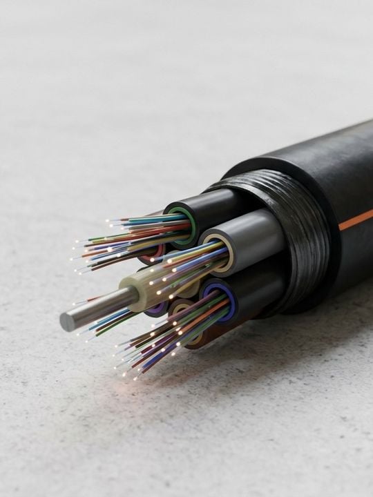 Close-up of a fiber optic cable with multiple colorful strands and a black outer sheath, on a light gray surface.