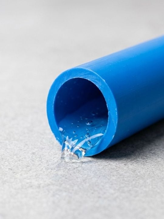 Blue plastic pipe on a gray surface with water pouring from the open end.