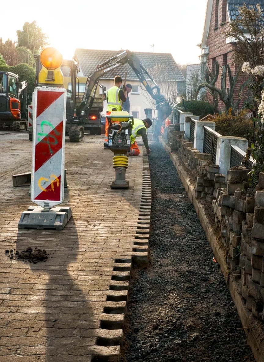 Bauarbeiter asphaltieren eine Straße; ein Bagger ist im Einsatz, Sicherheitsbarrieren und eine Verdichtungsmaschine sind zu sehen, im Hintergrund Häuser und Bäume.
